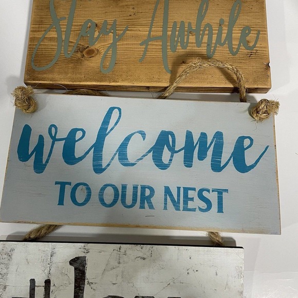 Set of 3 Wooden Signs Wall Hanging Decor Farmhouse Rustic Love Welcome Nest Blue - Picture 3 of 7